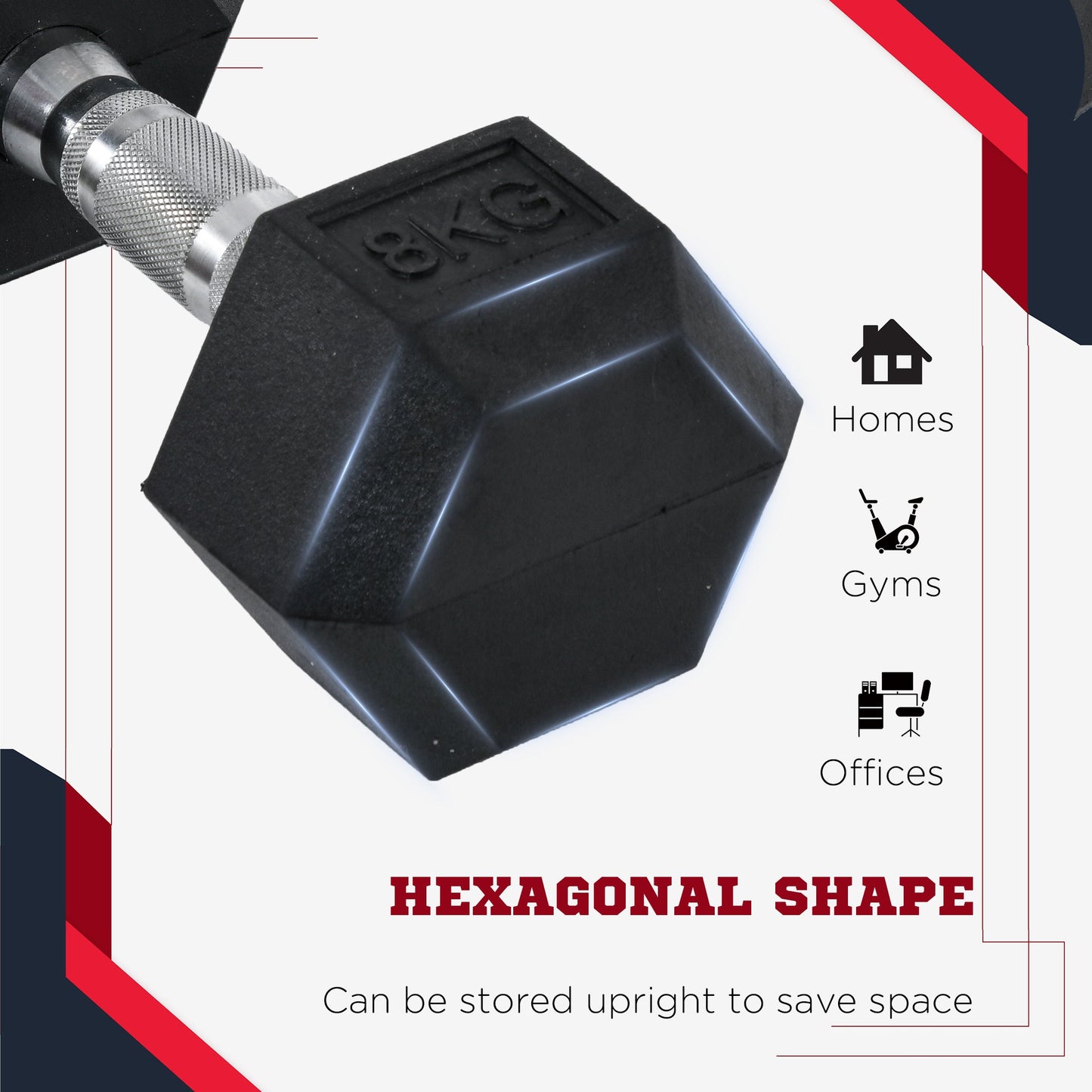 Set of 2 Rubber Hex Dumbbells 8kg - Non Rolling Fitness Weights-4