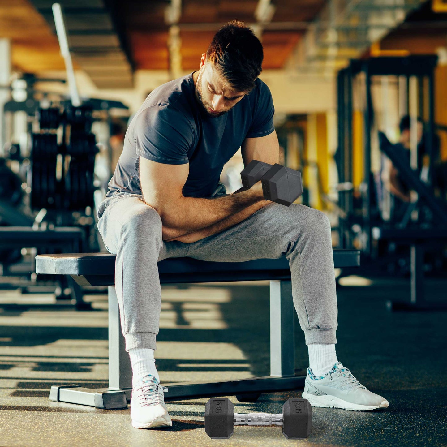 Set of 2 Rubber Hex Dumbbells 5kg - Non-Roll Fitness Weights-1