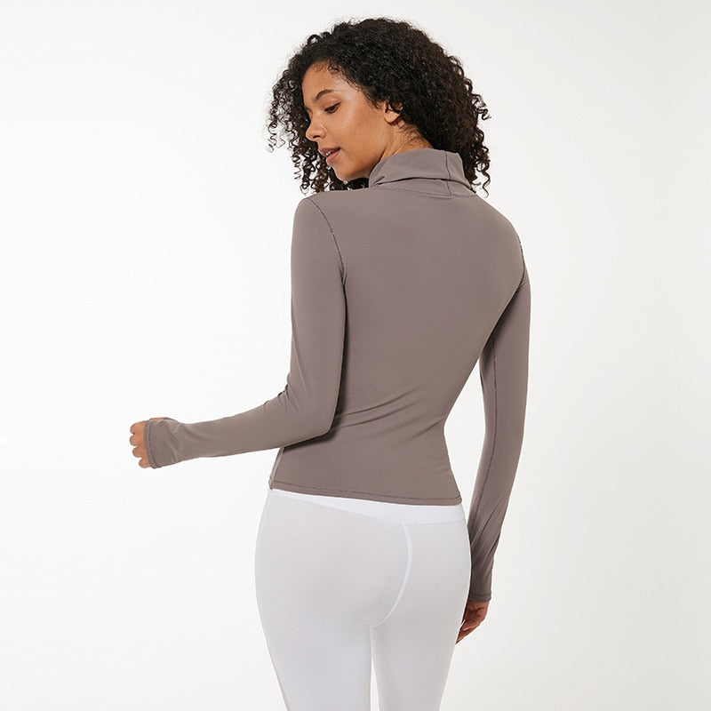 High Collar Yoga Crop Tops with Thumb Hole Sports Athletic Long Sleeve Shirts Women Twist Fitness Gym Tops High Quality-4