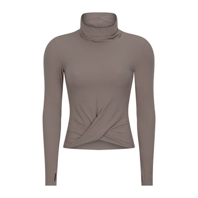 High Collar Yoga Crop Tops with Thumb Hole Sports Athletic Long Sleeve Shirts Women Twist Fitness Gym Tops High Quality-1