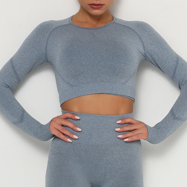 Yoga Crop Tops Yoga Shirts Gym Workout Tops Long Sleeve Fitness Running Sport T-Shirts Athletic Training Wear Women Sportswear-6