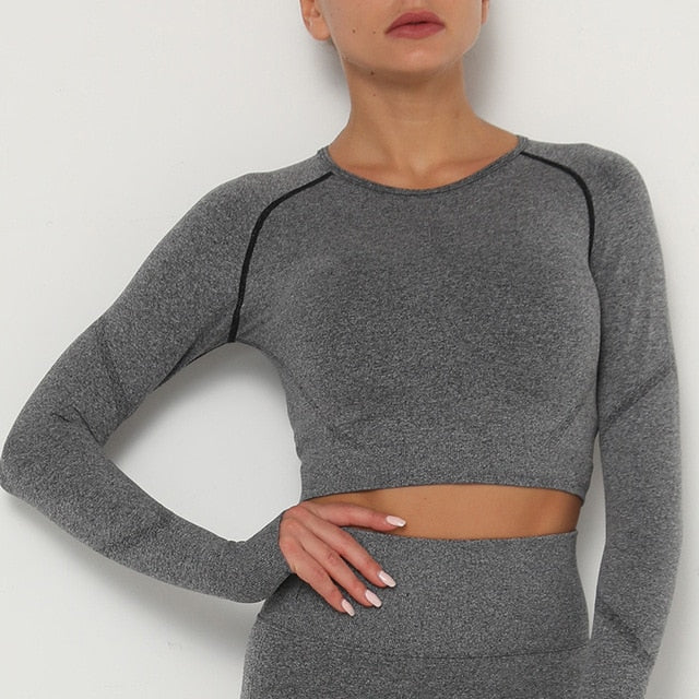 Yoga Crop Tops Yoga Shirts Gym Workout Tops Long Sleeve Fitness Running Sport T-Shirts Athletic Training Wear Women Sportswear-18