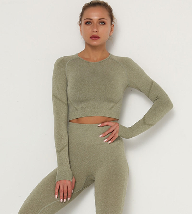 Yoga Crop Tops Yoga Shirts Gym Workout Tops Long Sleeve Fitness Running Sport T-Shirts Athletic Training Wear Women Sportswear-4