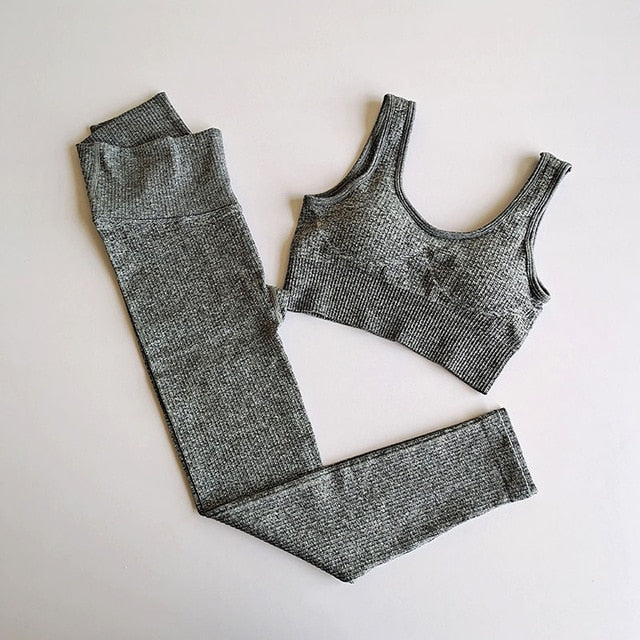 Seamless Solid Ribbing Yoga Suit Sports Tracksuit Tank Crop Top Leggings Two Piece Set Workout Gym Fitness Female Suit-2