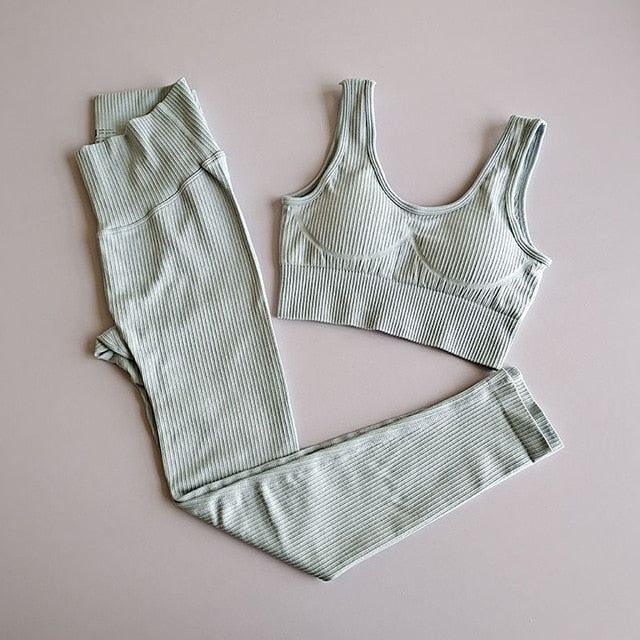Seamless Solid Ribbing Yoga Suit Sports Tracksuit Tank Crop Top Leggings Two Piece Set Workout Gym Fitness Female Suit-1