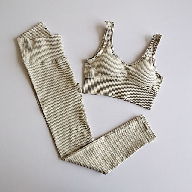 Seamless Solid Ribbing Yoga Suit Sports Tracksuit Tank Crop Top Leggings Two Piece Set Workout Gym Fitness Female Suit-3