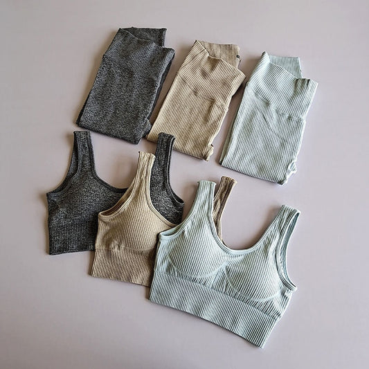Seamless Solid Ribbing Yoga Suit Sports Tracksuit Tank Crop Top Leggings Two Piece Set Workout Gym Fitness Female Suit-0